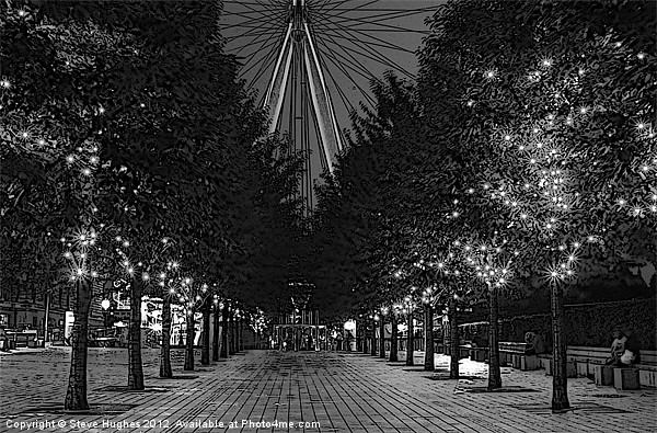 Monochrome Avenue of trees by the London Eye Picture Board by Steve Hughes