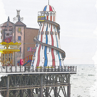 Buy canvas prints of Brighton Pier Helter Skelter watercolour by Steve Hughes