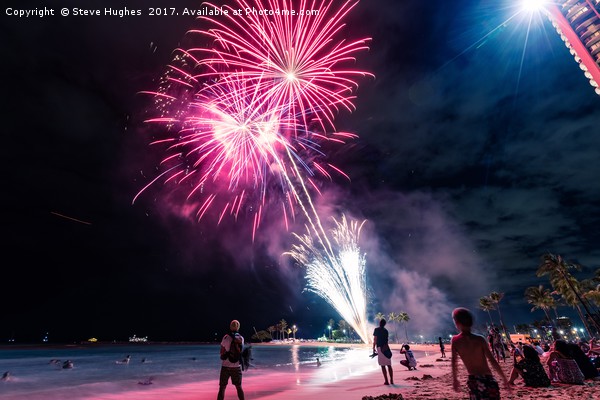 Fireworks on Waikiki beach Picture Board by Steve Hughes