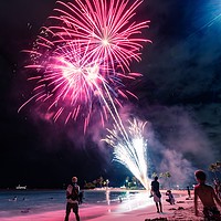 Buy canvas prints of Fireworks on Waikiki beach by Steve Hughes
