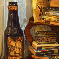 Buy canvas prints of Bottle and Books by Digby Merry