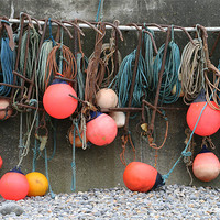 Buy canvas prints of Fishing floats at Sheringham by Kathy Simms