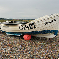 Buy canvas prints of Fishing Boat, Cley Beach, North Norfolk by Kathy Simms