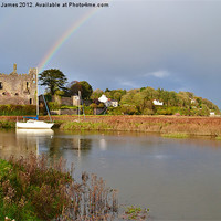 Buy canvas prints of Rainbow over Laugharne Castle by Paula J James