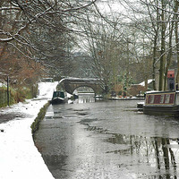 Buy canvas prints of Narrowboat on the icy canal at Uppermill by JEAN FITZHUGH
