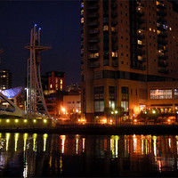 Buy canvas prints of Salford Quays at night by JEAN FITZHUGH