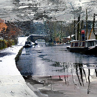 Buy canvas prints of Narrowboat on the icy canal at Uppermill by JEAN FITZHUGH