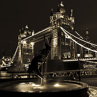 Buy canvas prints of Tower Bridge And The Girl and Dolphin Statue by David Pyatt