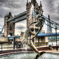 Buy canvas prints of Tower Bridge and the Girl and Dolphin Statue by David Pyatt