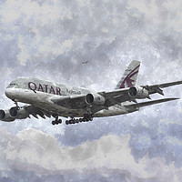 Buy canvas prints of Qatar Airlines Airbus And Seagull Escort Art by David Pyatt