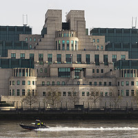 Buy canvas prints of SIS Secret Service Building London And Rib Boat by David Pyatt