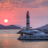 Buy canvas prints of Lighthouse And Yacht Sunset    by David Pyatt