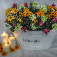 Buy canvas prints of  a tub of flowers by candlelight by sue davies