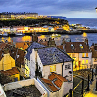Buy canvas prints of Dusk Glows Over Whitby Town from the 199 Steps by Paul M Baxter