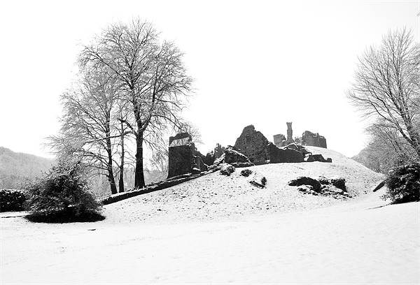 Okehampton Castle Snow Picture Board by Jon Short