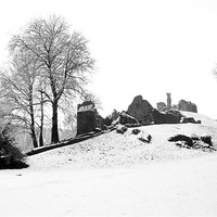 Buy canvas prints of Okehampton Castle Snow by Jon Short