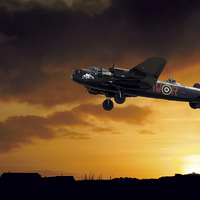 Buy canvas prints of Avro Lancaster Bomber at dawn by David Yeaman