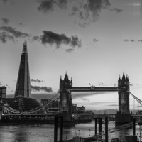 Buy canvas prints of  London's Tower Bridge and Shard - a black and whi by Philip Pound