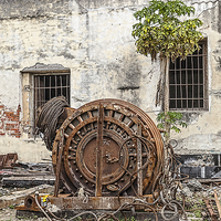 Buy canvas prints of Historic rusty machinery at a rail yard in central by Philip Pound