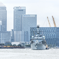 Buy canvas prints of Royal Navy Warship at Canary Wharf in London by Philip Pound