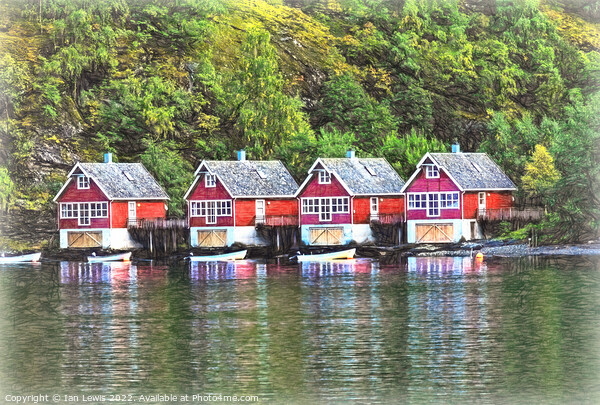 Red Boathouses at Flåm Picture Board by Ian Lewis