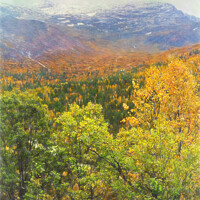 Buy canvas prints of Autumnal Trees and Misty Mountains by Ian Lewis