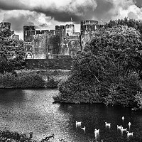 Buy canvas prints of Caerphilly Castle Western Towers mono by Ian Lewis