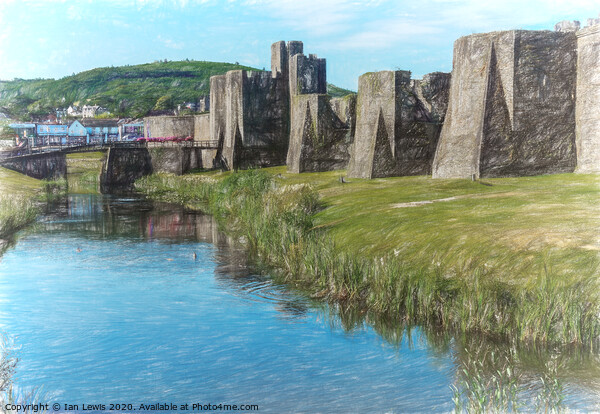 The Ramparts of Caerphilly Castle Digital Sketch Picture Board by Ian Lewis
