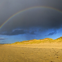Buy canvas prints of Double Rainbow over LLangennith Bay by Hazel Powell