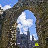 Buy canvas prints of  St Davids Cathedral, through Bishops Palace by Hazel Powell