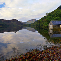 Buy canvas prints of Llyn Dinas, boat house by carl barbour canvas