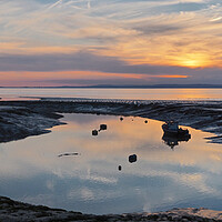 Buy canvas prints of Golden Sunset over water at Clevedon harbour, Somerset. by mark humpage