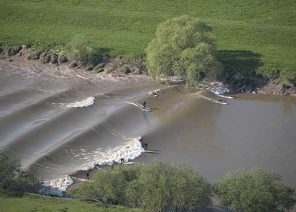 Surfers on the Severn Bore Aerial Picture Board by mark humpage