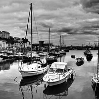 Buy canvas prints of Brixham Harbour Boats panorama black and white. by mark humpage