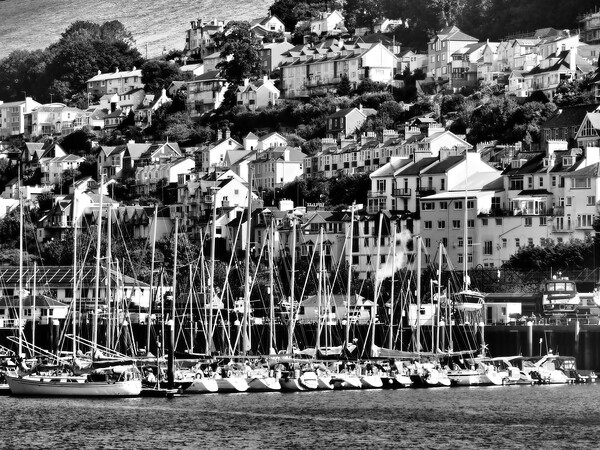 Kingswear Devon Boats in harbour black and white Picture Board by mark humpage