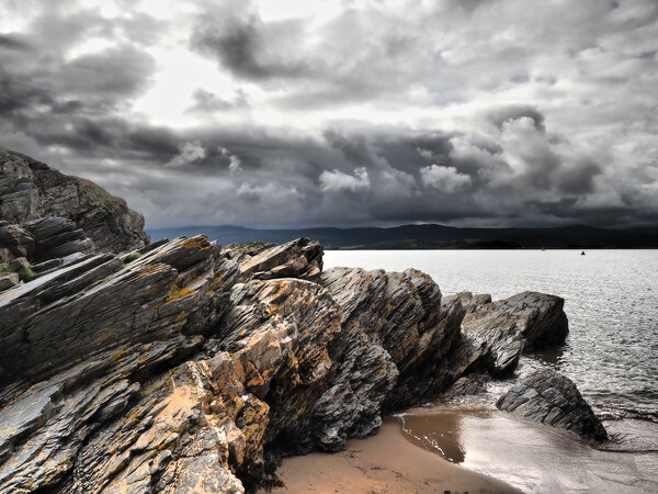 Wales beach sea and rocks with clouds in sky Picture Board by mark humpage