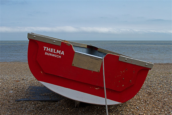 Thelma Red Boat at Dunwich Picture Board by Bill Simpson