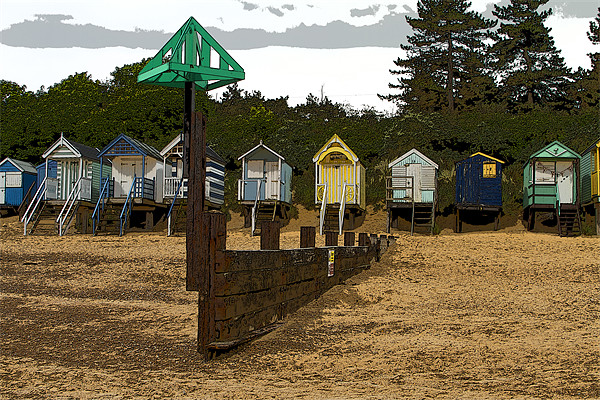 Beach Huts and Groyne Posterised Picture Board by Bill Simpson