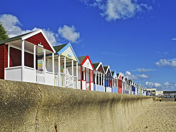 Southwold Beach Huts and Sea Wall Picture Board by Bill Simpson
