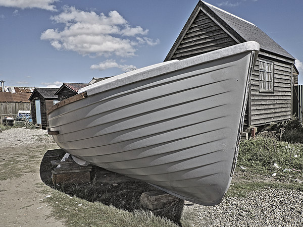 Gray Boat and Sheds Picture Board by Bill Simpson