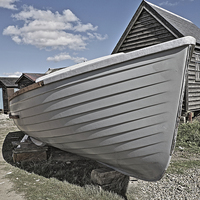 Buy canvas prints of Gray Boat and Sheds by Bill Simpson