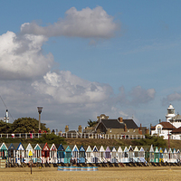 Buy canvas prints of Southwold Beach Huts, Beacon and Lighthouse by Bill Simpson