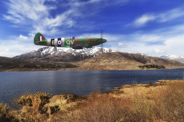 Lone Spitfire over Scottish Highland Loch Picture Board by Rob Lester