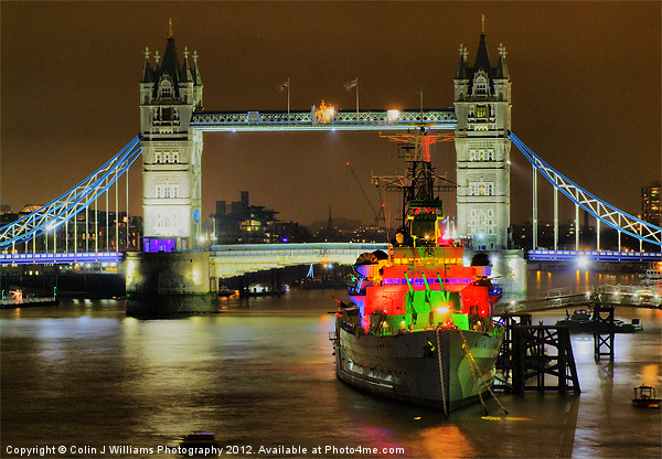 HMS Belfast From London Bridge - Night Picture Board by Colin Williams Photography