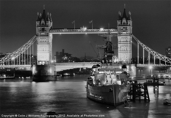 HMS Belfast From London Bridge - Night BW Picture Board by Colin Williams Photography
