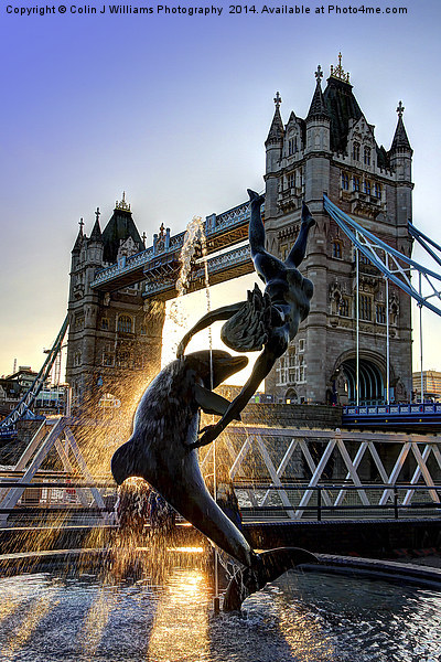  Tower Bridge and Girl with a Dolphin Fountain  Picture Board by Colin Williams Photography