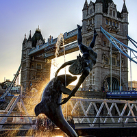 Buy canvas prints of  Tower Bridge and Girl with a Dolphin Fountain  by Colin Williams Photography