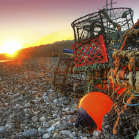 Buy canvas prints of  Sunset And Lobster Pots Lyme Regis by Colin Williams Photography