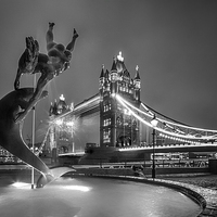 Buy canvas prints of Tower Bridge and Dolphin - mono by Ian Hufton