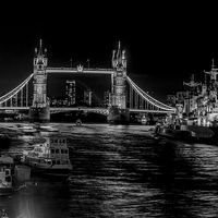 Buy canvas prints of London's Iconic Bridge and Warship by John Hastings
